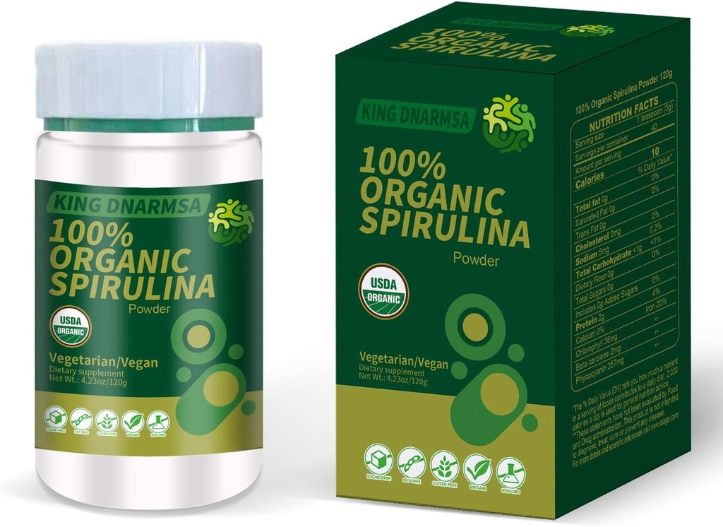Polvere di Spirulina Organica certificata al 100% 4.23oz/120g Ricco in Beta-Carotene (Vitamina A) e B-12 con GLA naturale,Vega Non-GMO-Superfood Supplemento