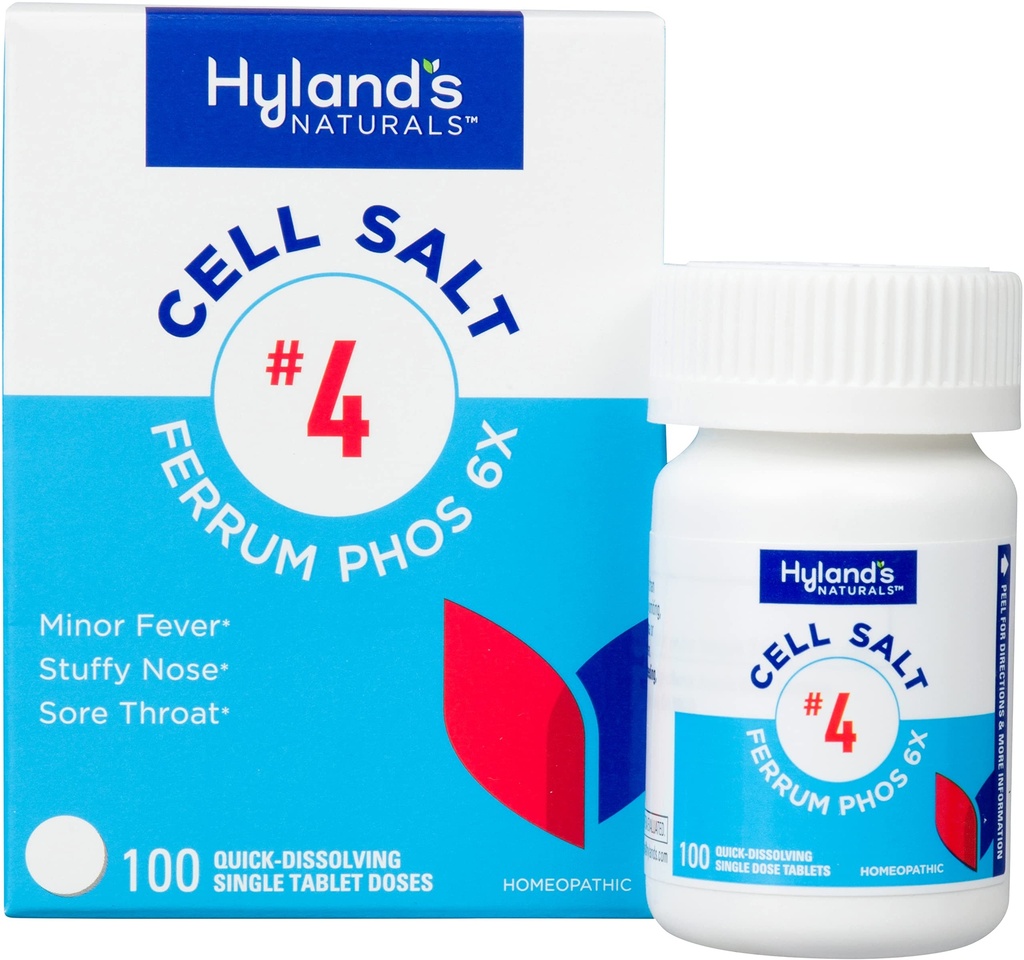 Hyland's No. 4 Cell Salt Ferrum Phos 6X Tablets, Decongestant and Sinus Relief, Integratore di infiammazione, Rilievo naturale dei sintomi di freddo e di febbre, Compresse di dissolvenza rapida, 100 Conte