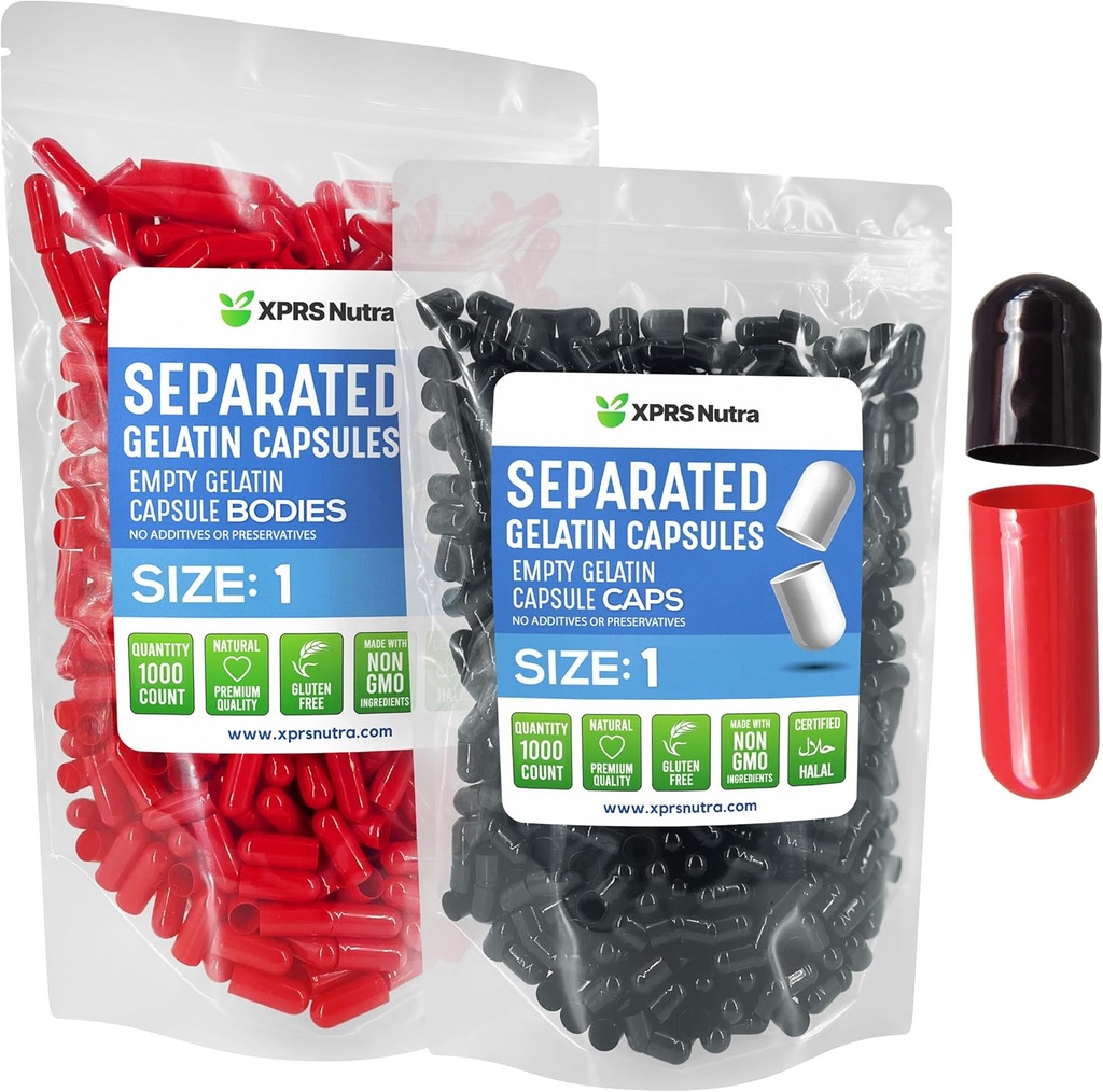 XPRS Nutra Size 1 Gelatin Capsule Separate - 1000 Contare Capsule Pillole Vuote Separate in Borse- Pillole Vuote per Riempimento Integratore fai da te (nero/rosso)
