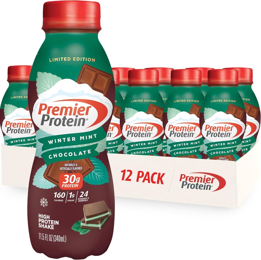 Premier Protein Shake, Limited Edition Winter Mint Chocolate, 30g Protein, 1g Sugar, 24 Vitamine & Minerali, Nutrienti per sostenere la salute immunitaria, 11,5 oz, 12 Pack