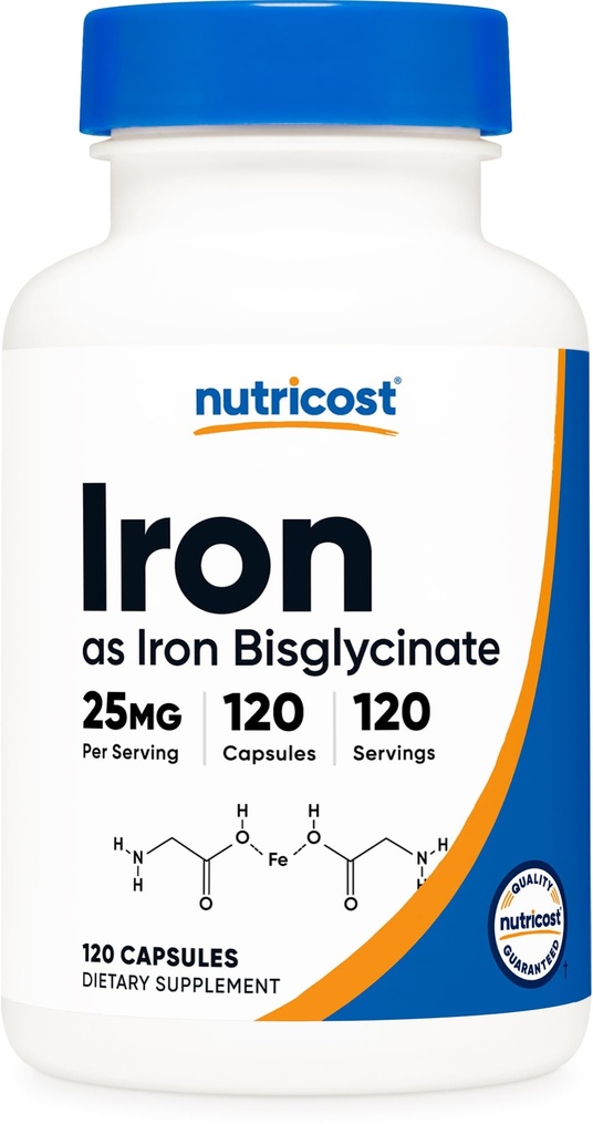 Nutricost Iron Bisglycinate Supplement (25mg) 120 capsule - da Ferrous Bisglycinate Chelate - Non-GMO & Gluten-Free