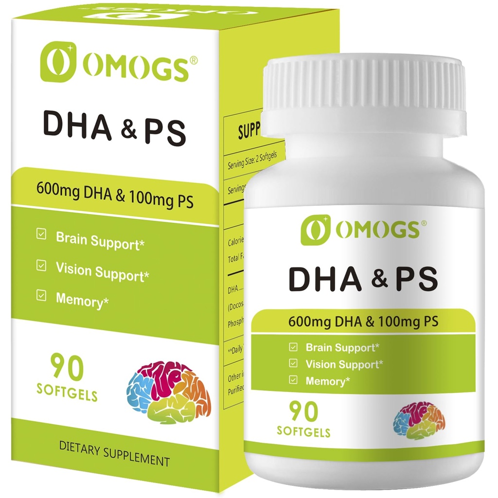 OMOGS Algae DHA - 600 mg Omega-3 DHA Softgels, con Phosphatidylserine & Walnut Oil, Supporta la funzione sana del cervello, Visione, Occhi e Memoria, senza glutine, Olio di alghe Vegan non OMO, 90 Softgels