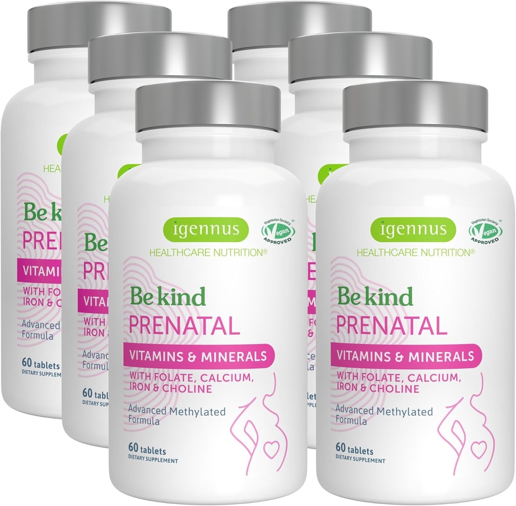 Igennus Multivitamina Prenatale Methylated per le donne, Folate per MTHFR, Alta Assorbimento, Pure & Clean, Ferro Gentle, Choline, Calcio & Magnesio, Vitamine di Gravidanza Vegana, Alal, Non OGM, 60 compresse x 6