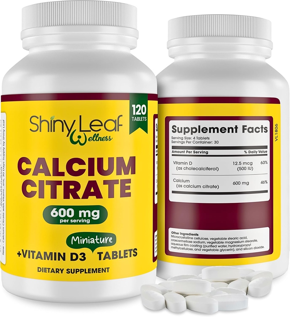 Shiny Leaf Calcium Minis 600 mg - Compresse giornaliere di Calcium Citrate 600mg Plus Vitamina D3 per Bariatric Post-Op e Gastric Bypass per le donne e gli uomini, Facile da ingoiare, Made in USA, Vegetariano - 120 Ct.