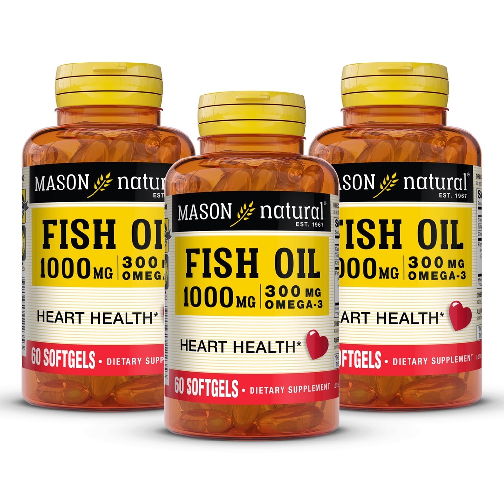 MASON NATURAL Omega,3 Fish Oil, 180, Day Supply, 1000mg con EPA e DHA per il supporto congiunto, 60 Softgel Pills (3 Pack)