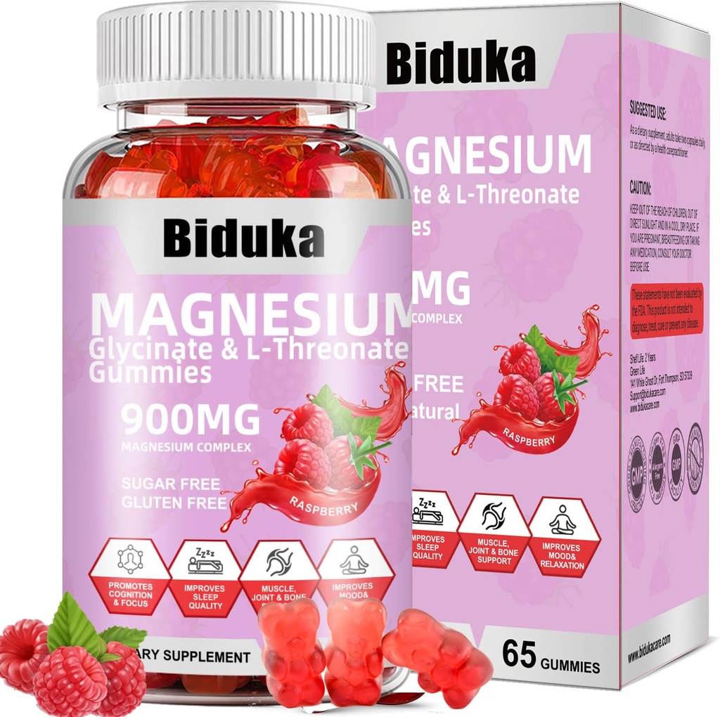 900mg Magnesio Complesso 65 Raspberry Gummies, Zucchero Gratuito Magnesio Glycinate & L-Threonate Supplemento di potassio con vitamina D, B6, CoQ10 per il relax