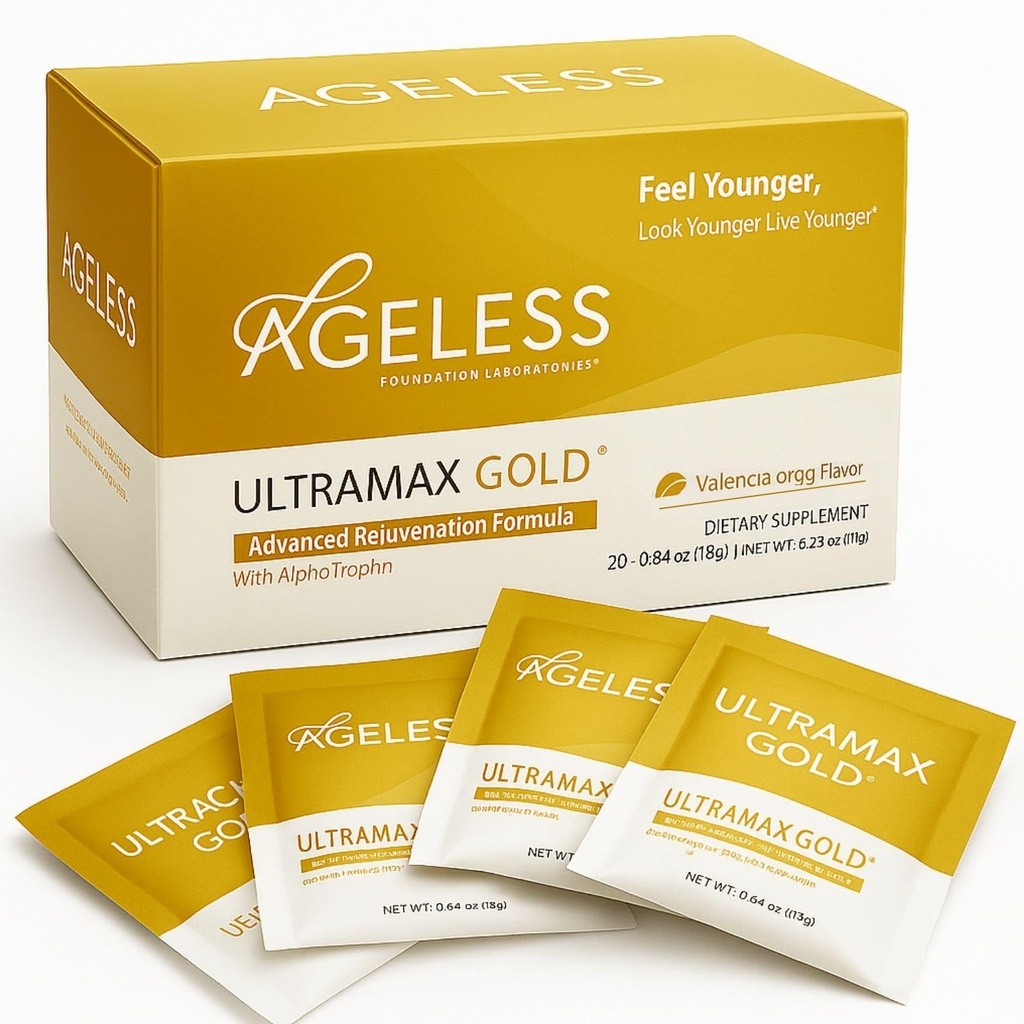Ageless UltraMAX Gold - HGH Anti-invecchiamento supplemento per le donne e gli uomini - ringiovanisce la pelle, ripristina l'aspetto giovanile, aumenta l'energia e il sonno, polvere effervescente - Valencia Orange Flavor - 22 pacchetti