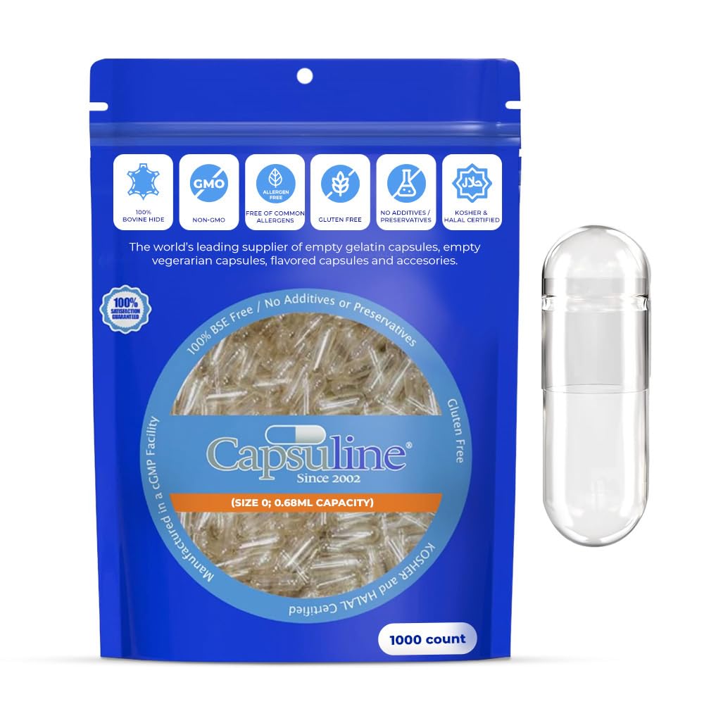 Capsuline Size 0 Empty Gelatin Capsule, Clear - 1000 Count | Gluten Free, Kosher, Non OGM Certified | Pure Bovine Pill Caps for DIY Supplement Filling