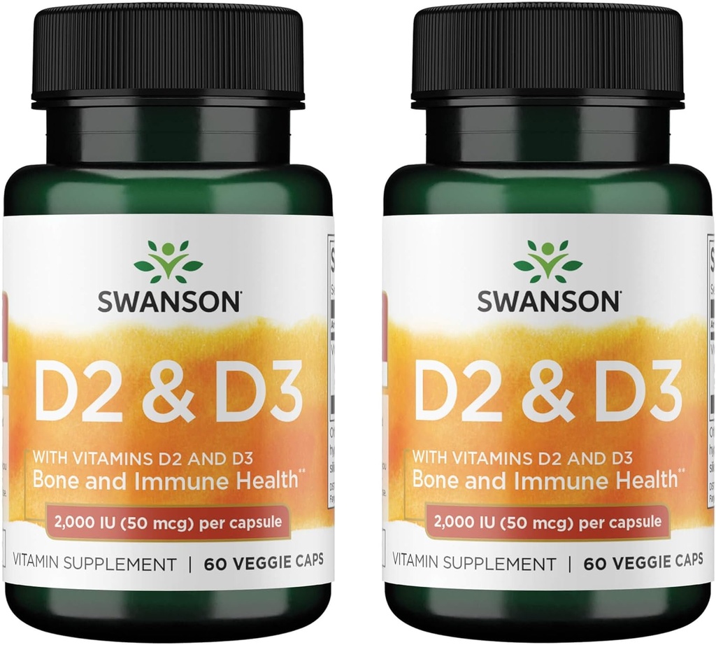 Complesso di vitamina D Swanson con vitamine D2 & D3 - Complesso di vitamina Sunshine completo per Bone, Salute dentale e immunitaria - Supplemento di vitamina (50 mcg, 60 capsule di verdure) (2 Confezione)