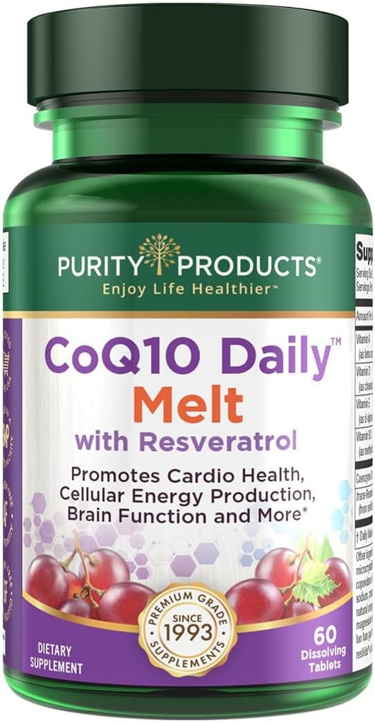 Prodotti di purezza CoQ10 Quotidiano con Resveratrolo Melt 100mg CoQ10-30mg Trans-Resveratrolo - Vitamina A, D3, E e B12 (come metilcobalamin) - 60 compresse di dissoluzione rapida