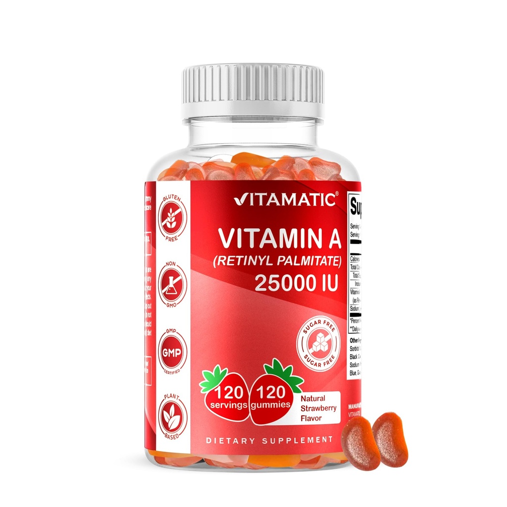 Vitamatic Sugar Free Vitamin A 25000 IU Gummies (Retinyl Palmitate) - Natural Strawberry Flavor - 120 Pectin Based Gummies (1 Bottiglia)