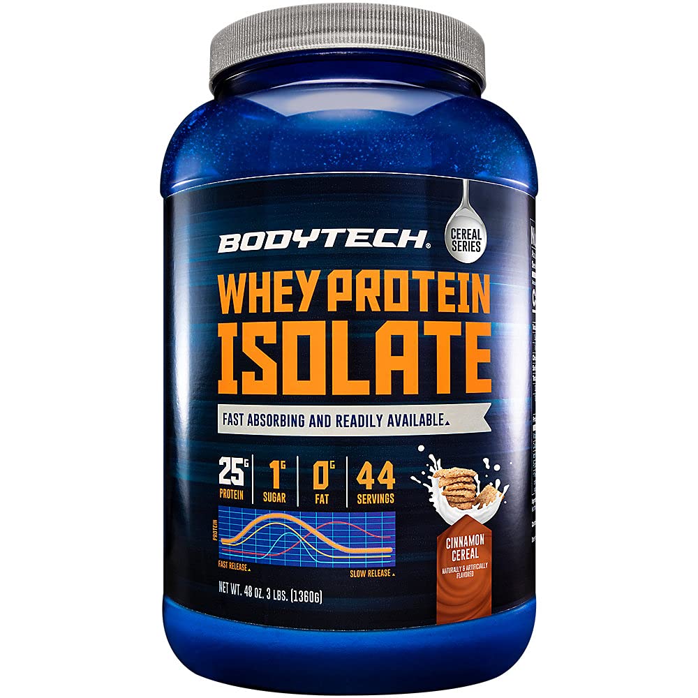 BODYTECH Whey Protein Isolate Powder - con 25 Grammi di Proteine per Serving & BCAA's - Ideale per la costruzione e la crescita del muscolo post-allenamento, contiene latte e soia - Cinnamon Cereal (3 Pound)