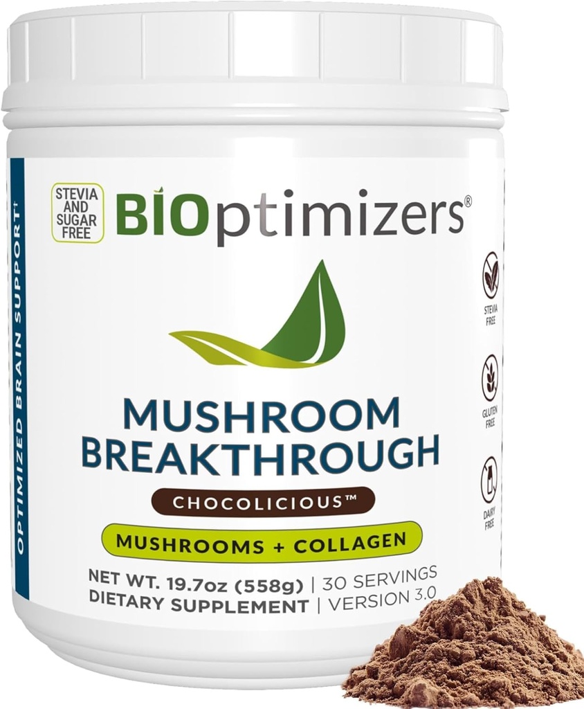 BIOptimizers alternativa di caffè di funghi – bevanda di cioccolato – Mane di leone, Chaga, Reishi + Peptides di collagene per la messa a fuoco, energia & salute del fegato – Funghi adaptogeni & polvere MCT – 30 Servings