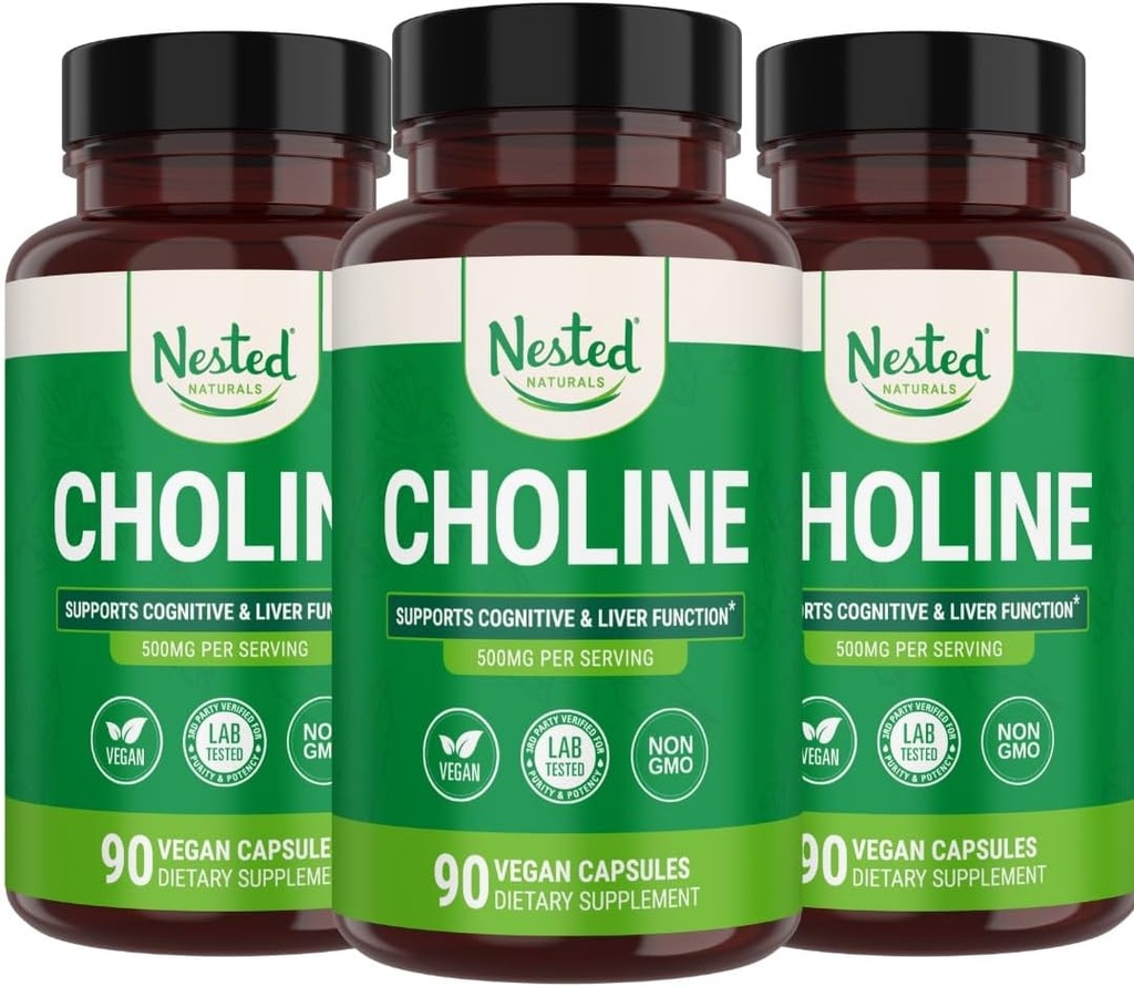 Nested Naturals Choline Bitartrate 500mg | Integratori ad alta potenza Choline | Supporta prestazioni cognitive & Liver Funzione | 100% Vegan & Non-GMO | (3-Pack)