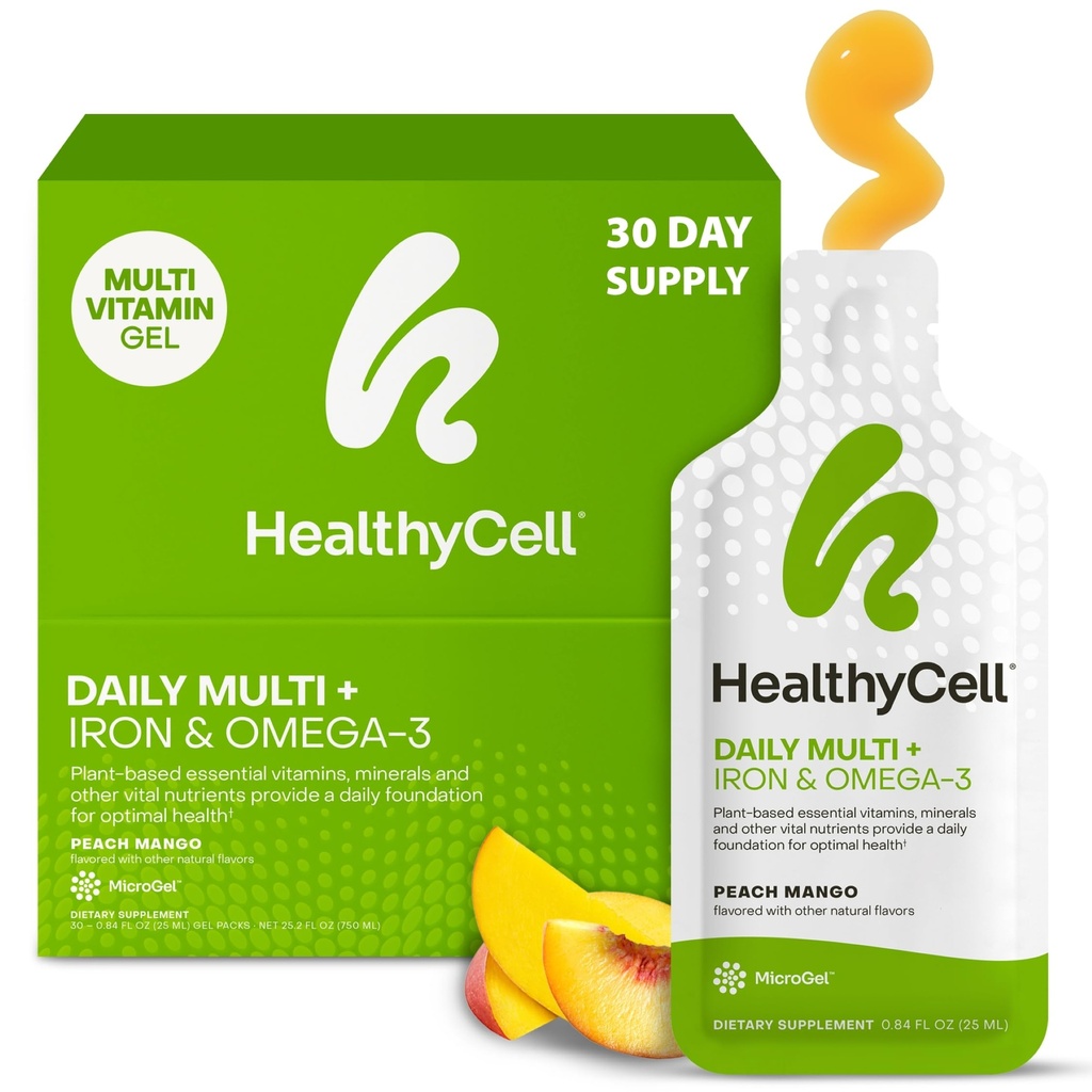 Integratore liquido multivitaminico giornaliero vegano con ferro e Omega-3, 25+ vitamine essenziali, minerali e nutrienti per la salute del cervello e del cuore, supporto immunitario & energia - 30 Gel Pack