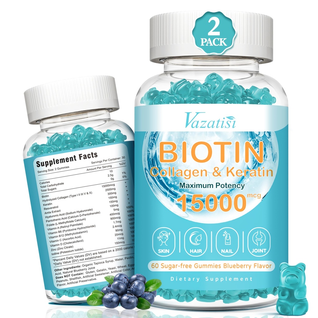 Biotina e Collagene Gummies con B12, Pelle per capelli e Vitamine per la Crescita dei capelli, Pelle di Glowing & Strong Nails - Aroma di mirtillo, Senza zucchero, 120 Ct