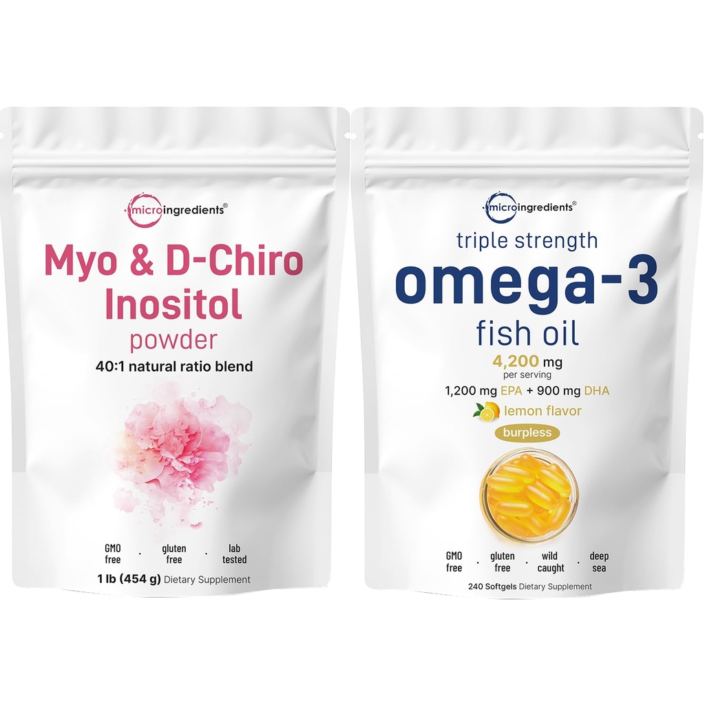 Micro ingredienti Omega-3 Fish Oil 4,200 mg Softgels & Myo & D-Chiro Inositol Powder Bundle 2 Pack | Pesce selvatico, Limone aromatizzato, Burpless | Integratore di inositolo per le donne