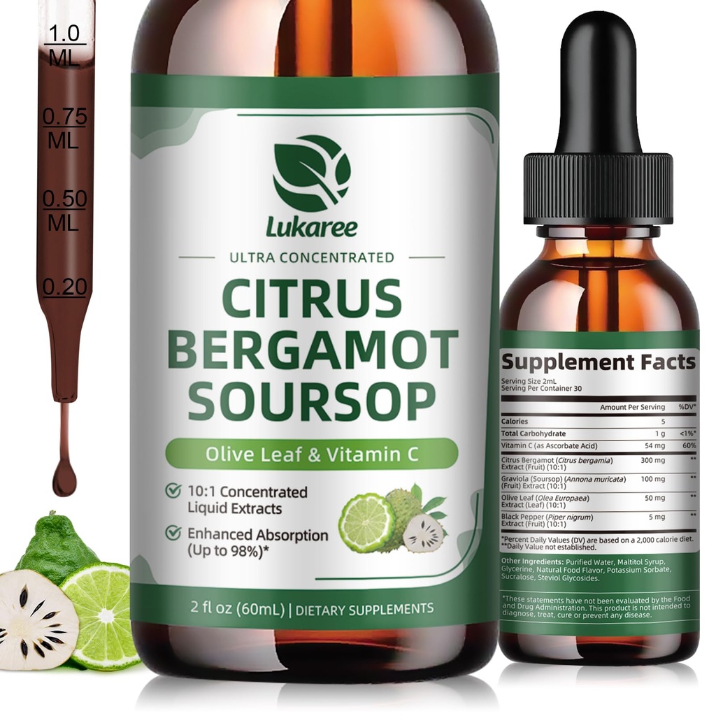 Citrus Bergamot Gocce Liquide - Integratore Naturale con Soursop, Riso Lieto Rosso, Aglio, Foglia di Oliva, Pepe Nero - Alto Assorbimento - Sostegno Totale Benessere* - Soursop Bitters Liquid, 2 Fl Oz