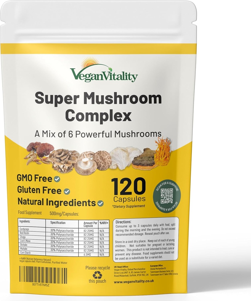 Vegan Vitality Multi Mushroom Supplement Complex - 120 capsule con Reishi, Chaga, Shitake, Maitake, Lion's Mane e Cordyceps per cervello, energia, messa a fuoco e supporto di memoria