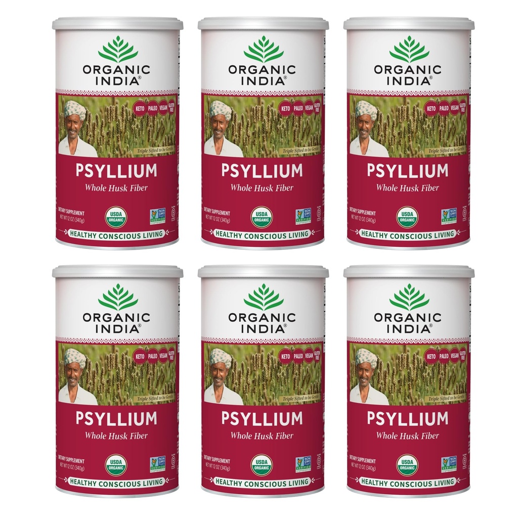 ORGANIC INDIA Polvere di Husk di Psyllium Organic - Supplemento di fibra di Psyllium Husk, Supporto di digestione, Vegan, senza glutine, non OGM, Sorgente di fibra solubile e insolubile - 12 oz Canister, 6 Pack