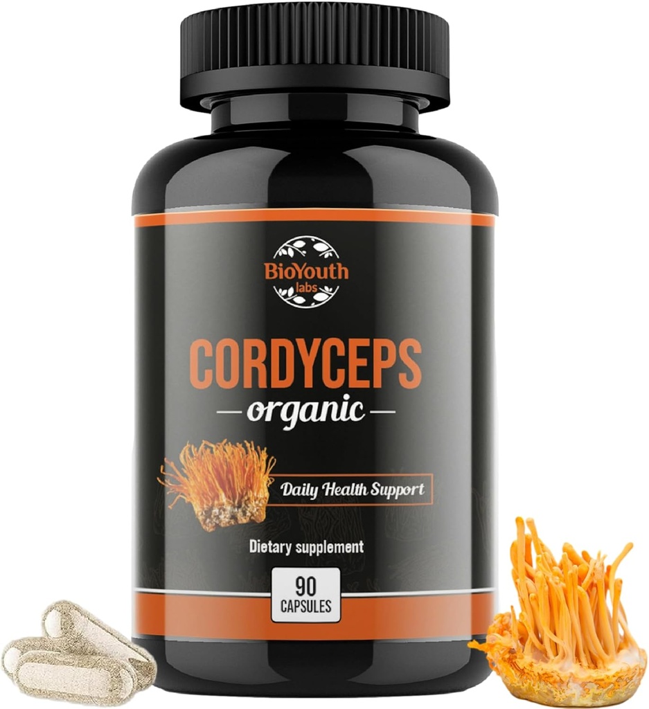Cordyceps Organic Dietary Supplement - Natural Energy Boost and Respiratory Health Support with Cordyceps Militaris, Clinically Backed, Non-GMO & Allergen-Free | 90 Capsule