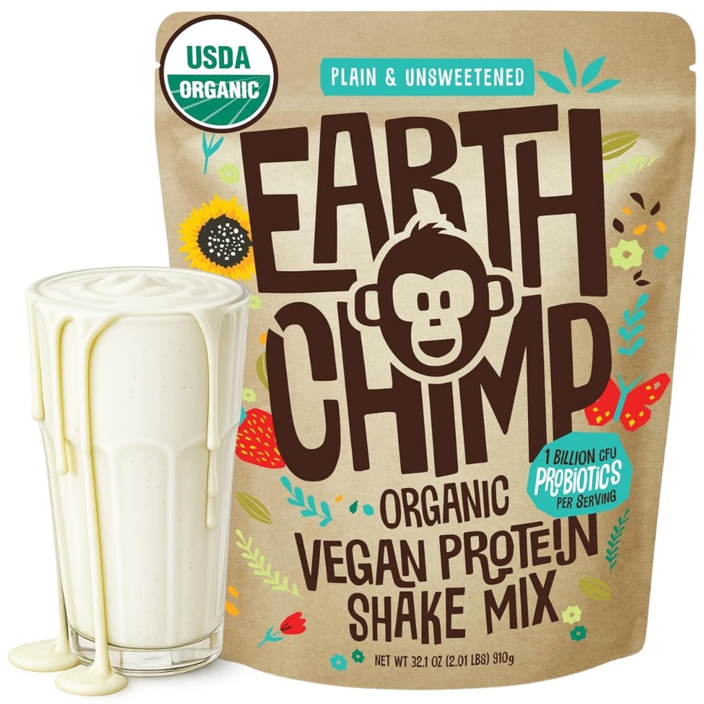 TerraChimp Organic Vegan Protein Powder - con Probiotici - Non OGM, Dairy Free, Non Whey, Plant Based Protein Powder per Donne e Uomini, Gluten Free - 26 Servings 32 Oz (Plain & Unsweetened)