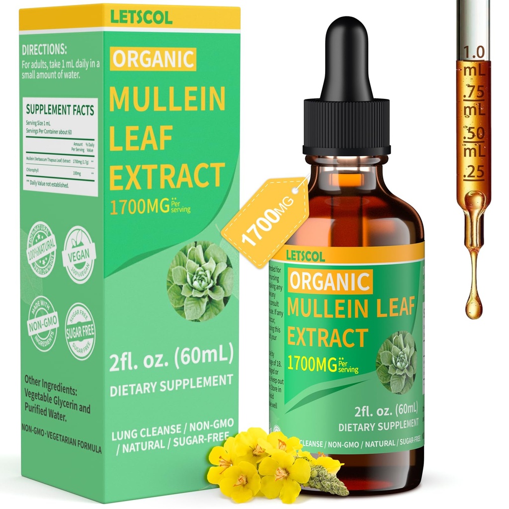 Gocce di Mullein organico per la pulizia polmonare, potente 1700mg Estratto di foglie di Mullein per il supporto immunitario e respiratorio, Natural Mullein Supplement Tincture Drops Non-GMO & Vegan, 2 Fl Oz