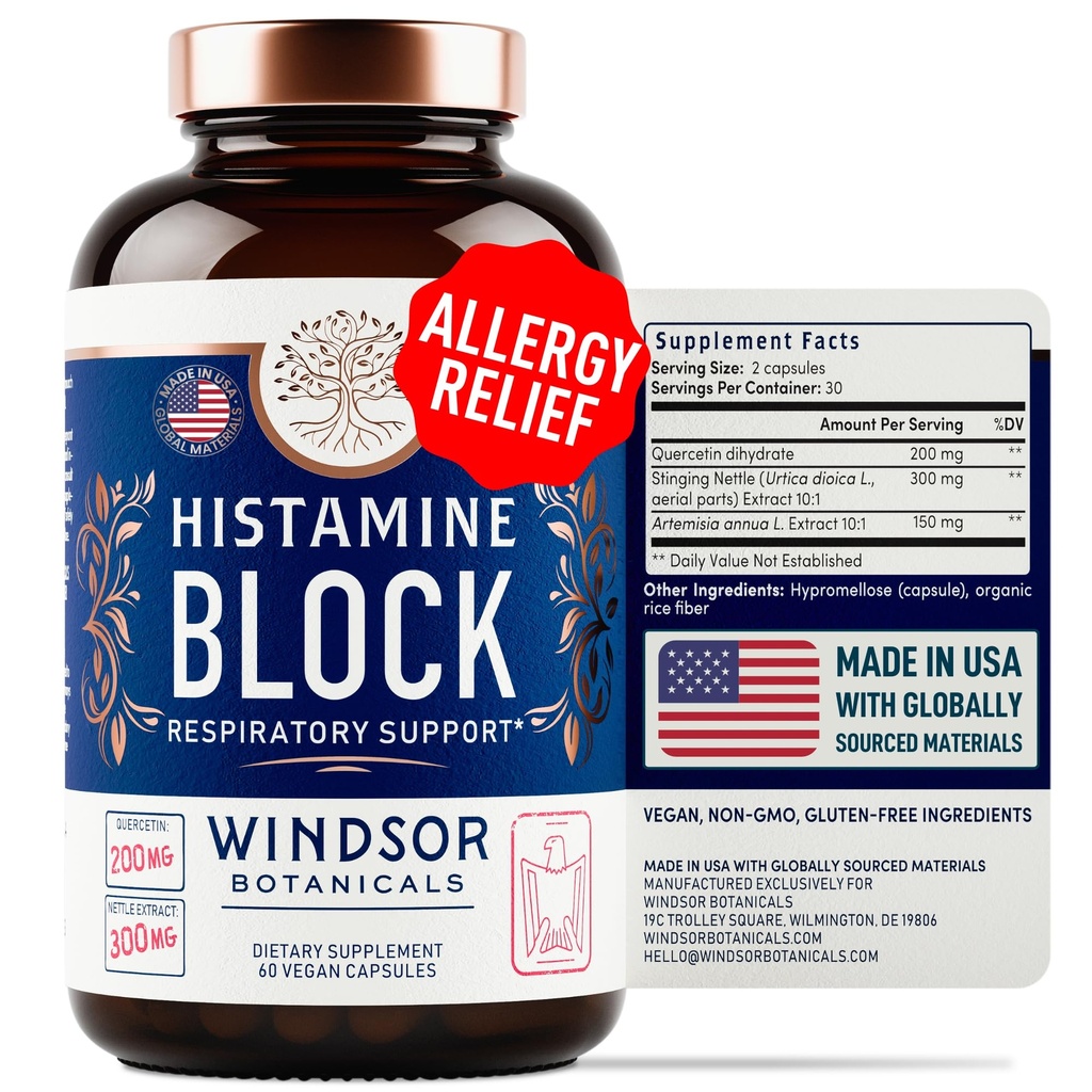 Blocco istamina per le allergie - Quercetin, Sting Nettle Flavonoids Natural Antihistamine Tablets - Allergy Relief Supplements & Antihistamines for Adults - 60 Vegan Histamine Block Capsules