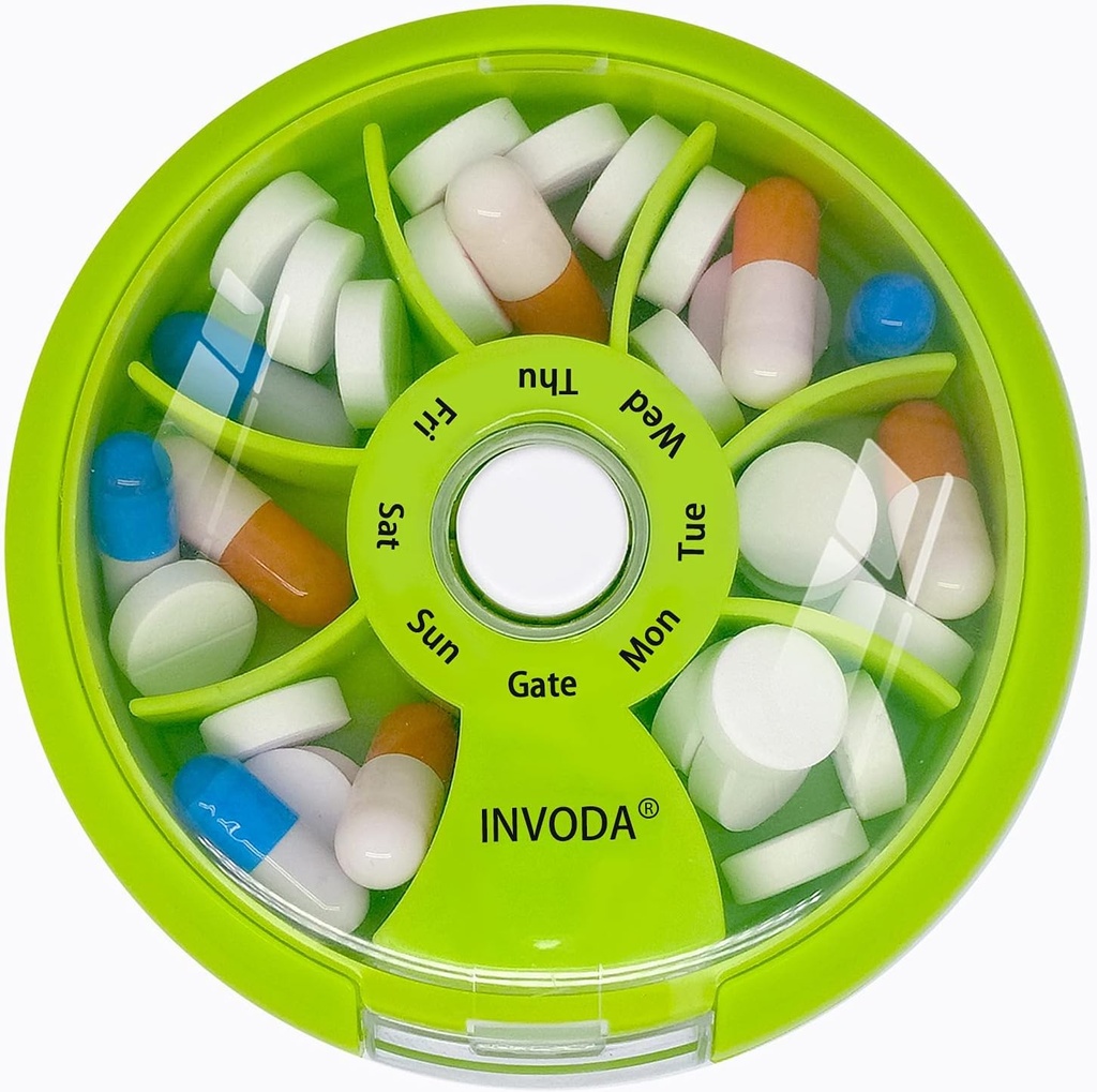 Organizzatore di pillole settimanali INVODA 7 scomparti scatola di pillole rotanti per farmaci giornalieri e vitamine - Case di viaggio portatile caso Fish Oil Supplements Vitamins Organizer (Orange)