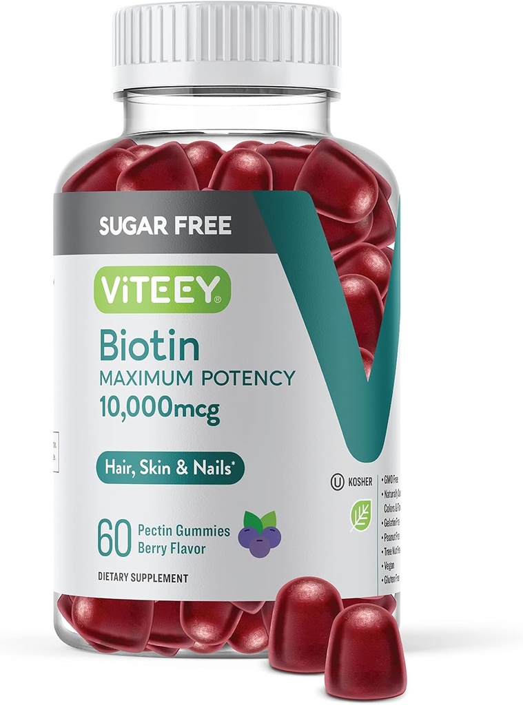 Viteey Biotin Gummies per capelli, pelle e chiodi 10.000mcg - Zucchero Libero - Gummie di crescita dei capelli, Glow sano della pelle, forte crescita sana delle unghie - Vegan, senza glutine, Gelatin Free- Tasty Berry Flavor