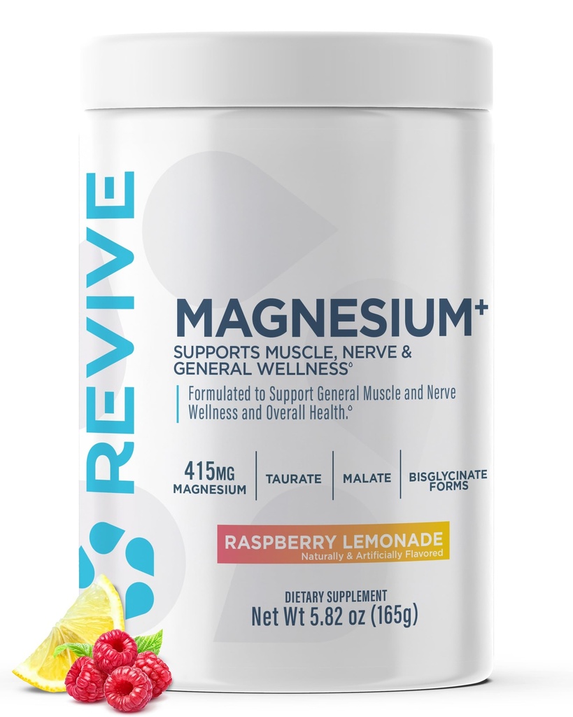 Revive MD Magnesium Powder Supplement - Magnesium Carbonate & Taurate Powder Drink Supporta Bones sano, muscoli, & Nerves - Vegan-Friendly, senza glutine & Soy-Free (Raspberry Lemonade, 30 Servings)