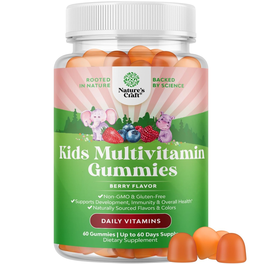 USDA Organic Kids Multivitamin Gummies - Multivitamina per bambini Supporto immunitario con vitamine A, C, D3, E, B6 & B12, Zinc & Iodine - Vitamine per bambini Formula masticabile per una salute forte - 60 Conte
