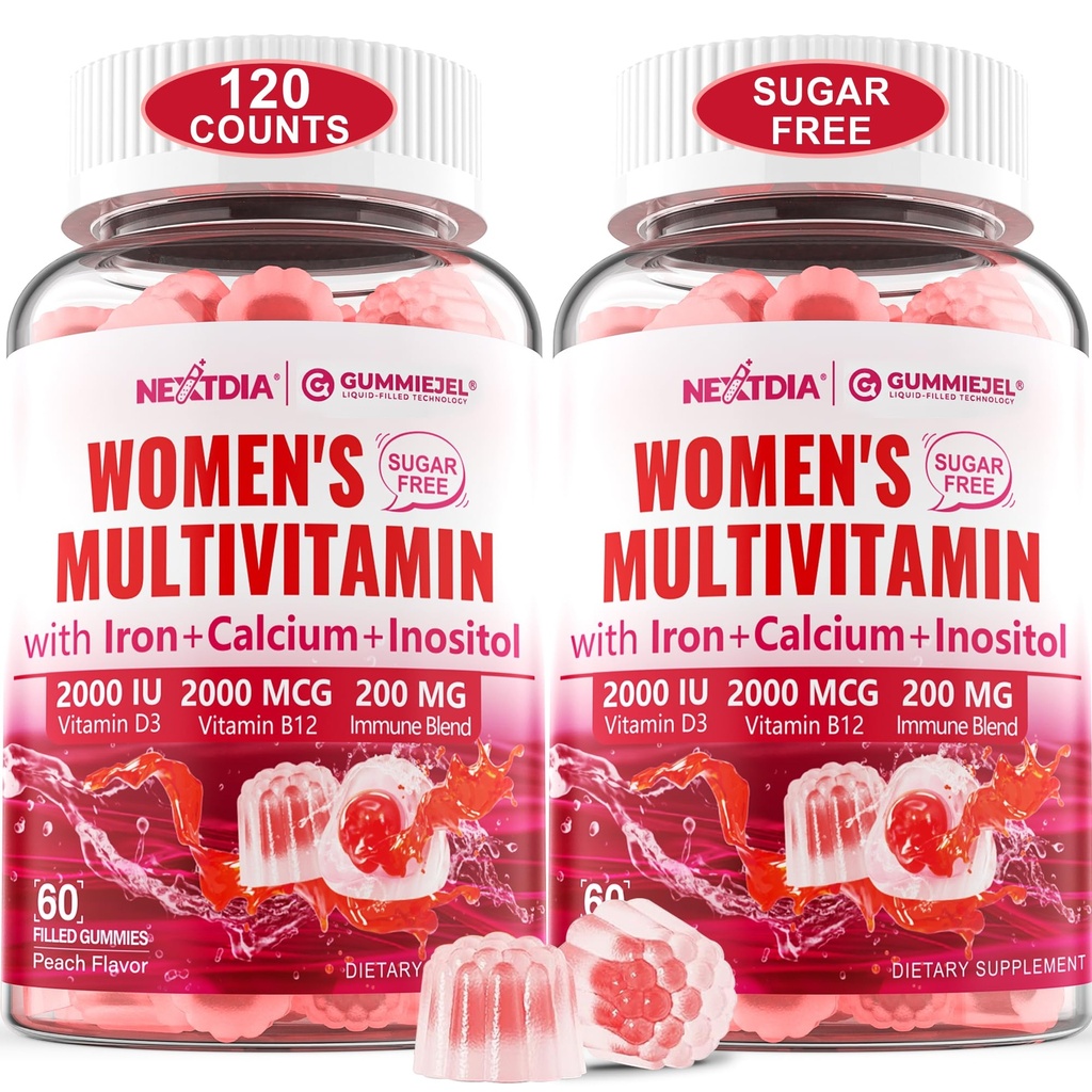 (2 Confezione) Multivitaminico etilato senza zucchero per le donne Gummies con calcio, D3 K2, Inositol, Folate, Biotina, Ferro, Vitamina A, C, E, B Complex - Multi Vitamine & Minerali - Energia, Immune, Bone - Vegan
