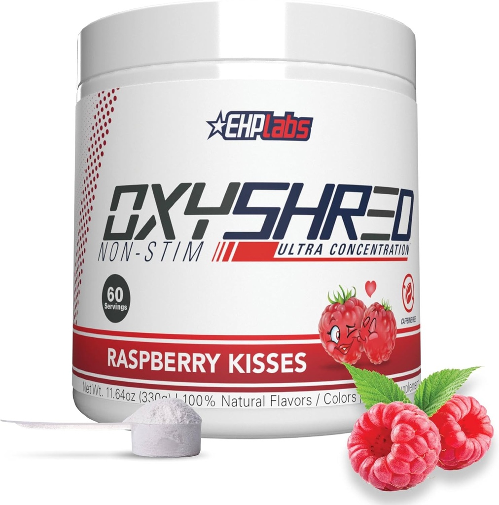 EHP Labs OxyShred Non Stimulant Pre Workout Polvere - Stim Free, Caffeine Free Preworkout per Uomini & Donne - Preallenamento non Stim - Polvere di energia senza zucchero - Raspberry, 60 Serve