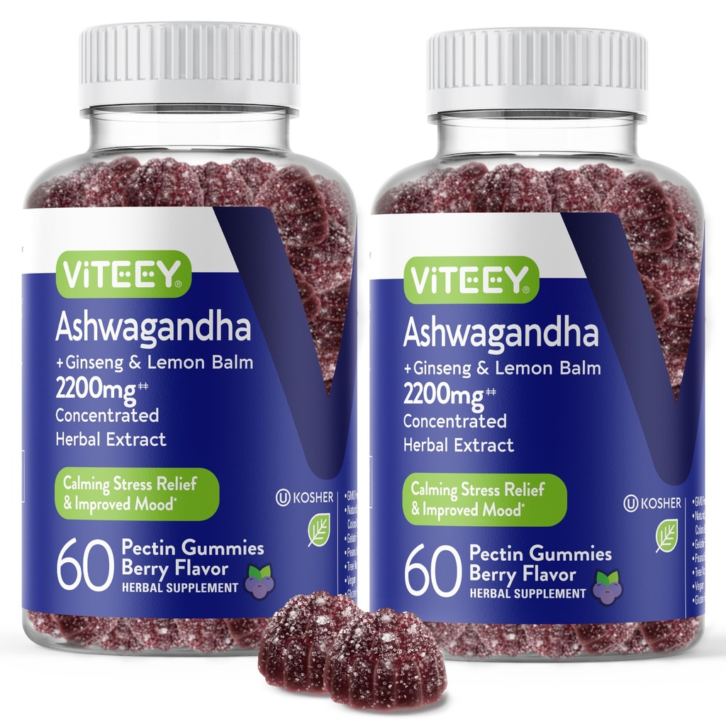 Viteey Ashwagandha Gummies con Ginseng & Lemon Balm - Mood, Calm & Stress Support Ashwagandha Integratori - Vegan, Gluten-Free - 120 Count