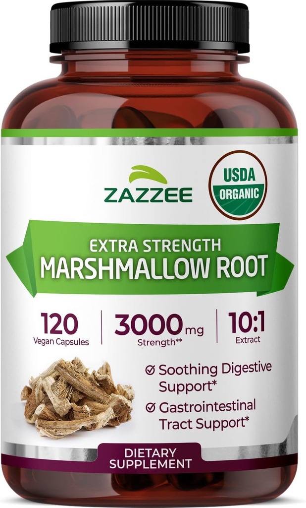 Zazzee USDA Organic Marshmallow Root 10:1 Extract, 3000 mg Strength, 120 Vegan Capsules, 4 mesi di fornitura, Standardized, Concentrated 10X Extract, 100% Vegetariano, All-Natural, Non-OGM, Made in the USA