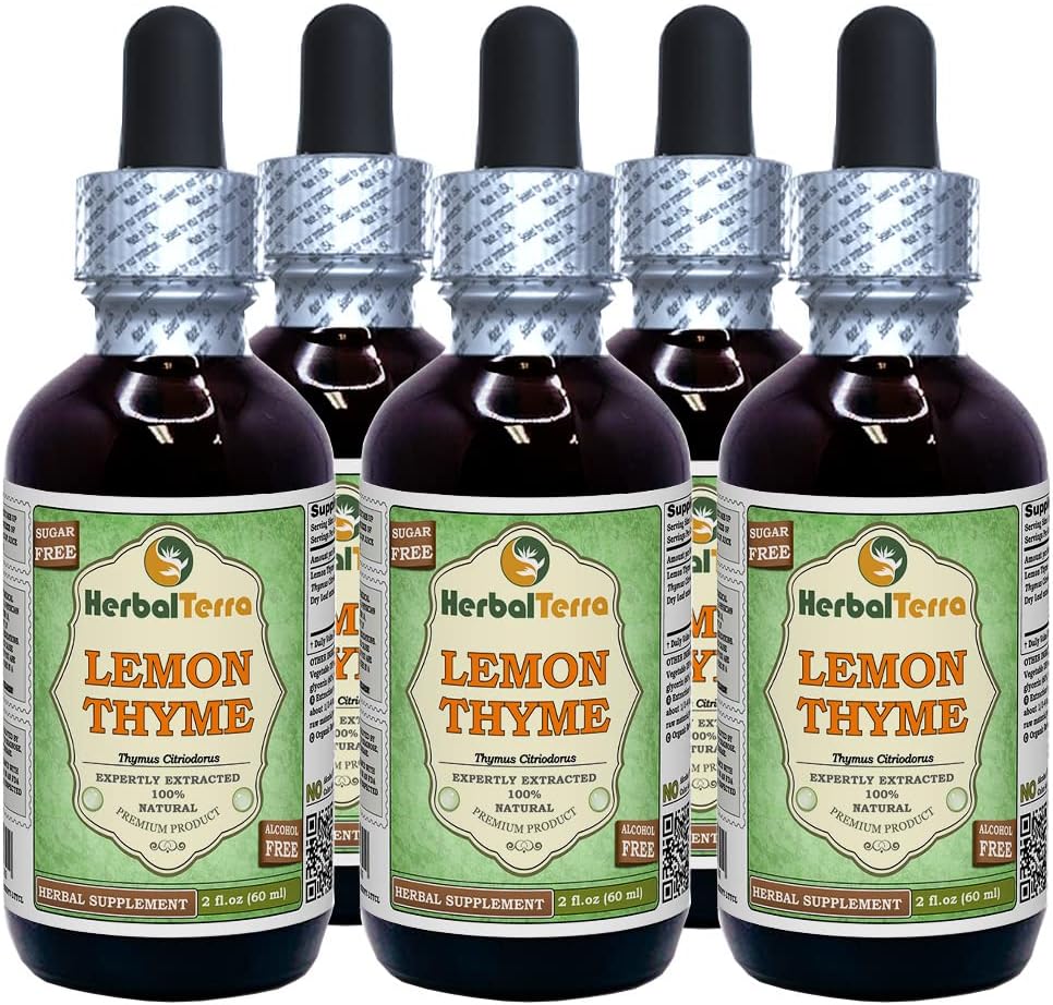 Timo di limone (Thymus x Citriodorus) Glycerite, Estratto di liquido privo di alcool di erbe secche organico (Nome: HerbalTerra, Proudly Made in USA) 5x2 fl.oz (5x60 ml)