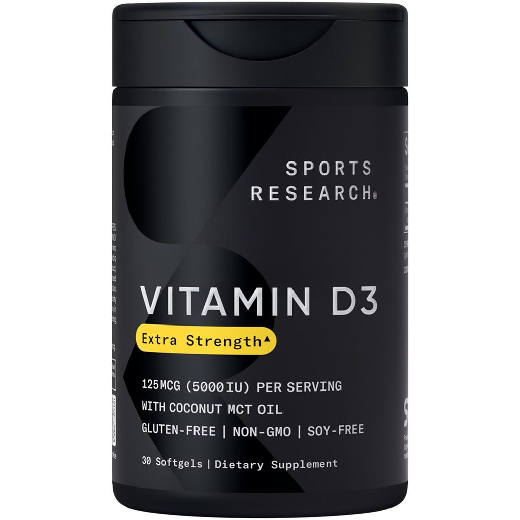 Vitamina D3 5000 IU con olio di cocco MCT - Integratore di vitamina D ad alta potenza per il supporto Immune & Bone - Non OGM Verificato, Gluten & Soy Free – 125mcg, 30 Softgel liquidi