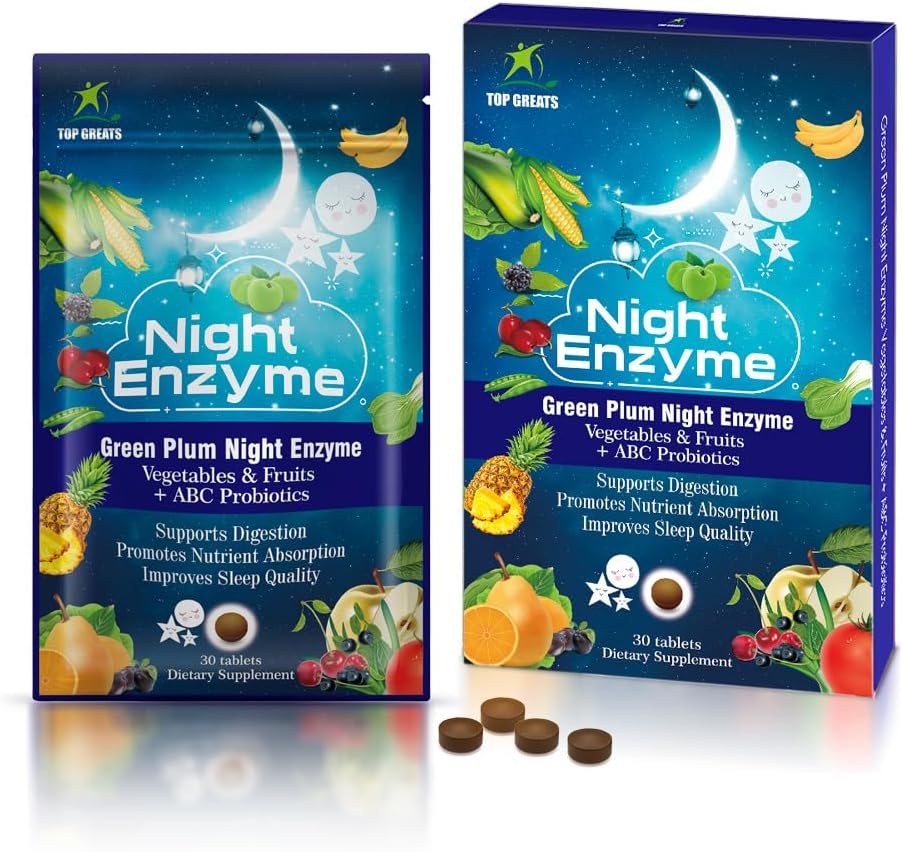 Enzima notturno, Enzimi Multi Digestivi Giornalieri, Frutta di Plum Verde e Verdura con Probiotici, Blocco Di Sollievo, Migliore Qualità del Sonno, Per Uomini e Donne, Promuovi la Salute Digestiva- 30 compresse