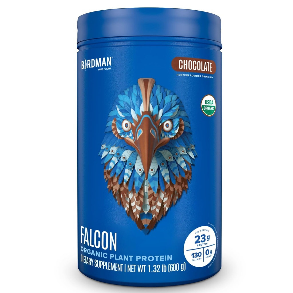 BIRDMAN Falcon Vegan Protein Powder Organic, Stevia & Sugar Free, Plant Based Protein, Low Carb, Dairy Free, Keto, Non Whey Protein, Probiotico, Pea Protein | Chocolate Flavor - 18 Servings - 1.32lb