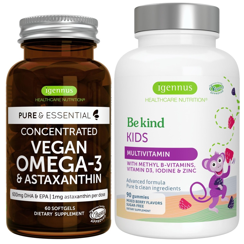 Vegan Omega-3 Algae olio + Advanced Kids Multivitamin Gummy Bundle, Alta Concentrazione DHA & EPA + Vitamina A, B, C, D3 & E, Clean Ingredienti 60 Softgels + 90 Gummies Berry Flavor, di Igennus