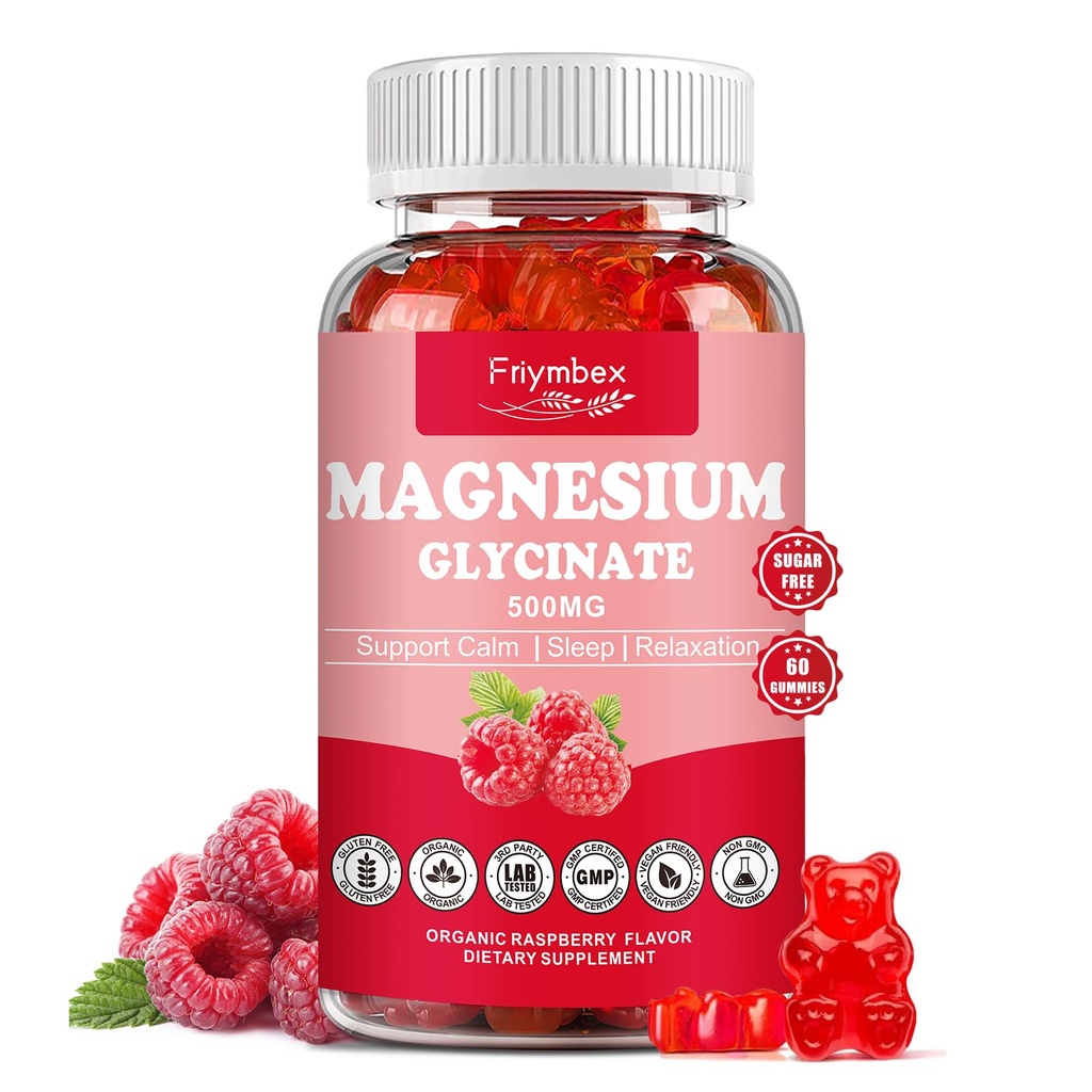 Magnesio Glycinate Gummies 500mg | Relaxation Calm Magnesium Gummies | Sugar-Free | Non-GMO | Gluten-Free | Vegan-Friendly for Adults & Kids (60 Raspberry Gummies)