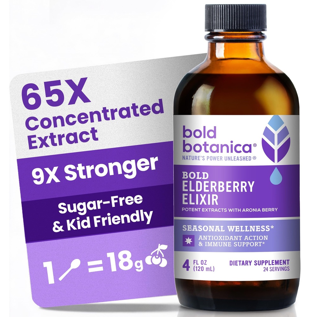 Bold Botanica Elderberry Elixir – 65x Estratto concentrato - Sugar-Free - Kid Friendly - Black Elderberry Syrup con Aronia Berry per il supporto immunitario - 4 Fl. Oz.
