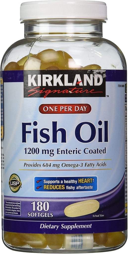 Kirkland Firma Enteric Olio di pesce ricoperto Omega 3 1200 MG Fish Oil, 684 MG di Omega 3 acidi grassi, 180 softgels