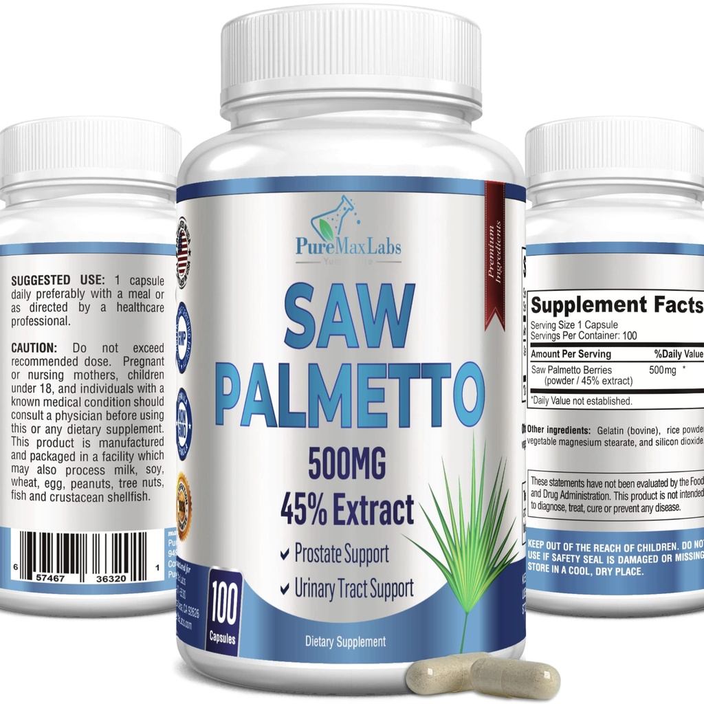 Palmetto segato ad alta resistenza - 45% Estratto supplemento di prostata, Diminuzione frequente Urinazione, Blocco DHT per la crescita dei capelli, Non-OGM, 100 capsule