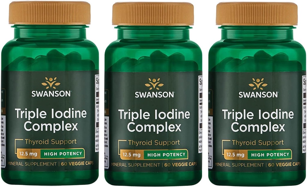 Swanson Triple Iodine Complex-Natural Supplemento per il supporto della tiroide vitale-Promotes Funzione metabolica, aumento della produzione di globuli rossi, & salute del cuore-(60 capsule vegetali, 12.5mg ciascuno) (3 pacchetto)