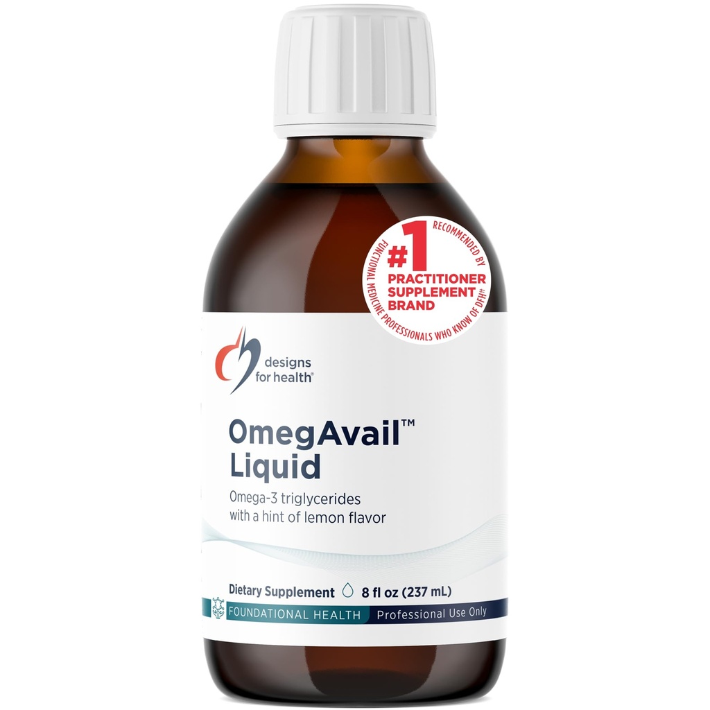 Design per la salute OmegAvail liquido TG Fish Oil 1200mg - Triglyceride Omega-3 Fish Oil Brain Support Supplemento con DHA/EPA - Natural Lemon Flavor (8oz / 47 Servings)