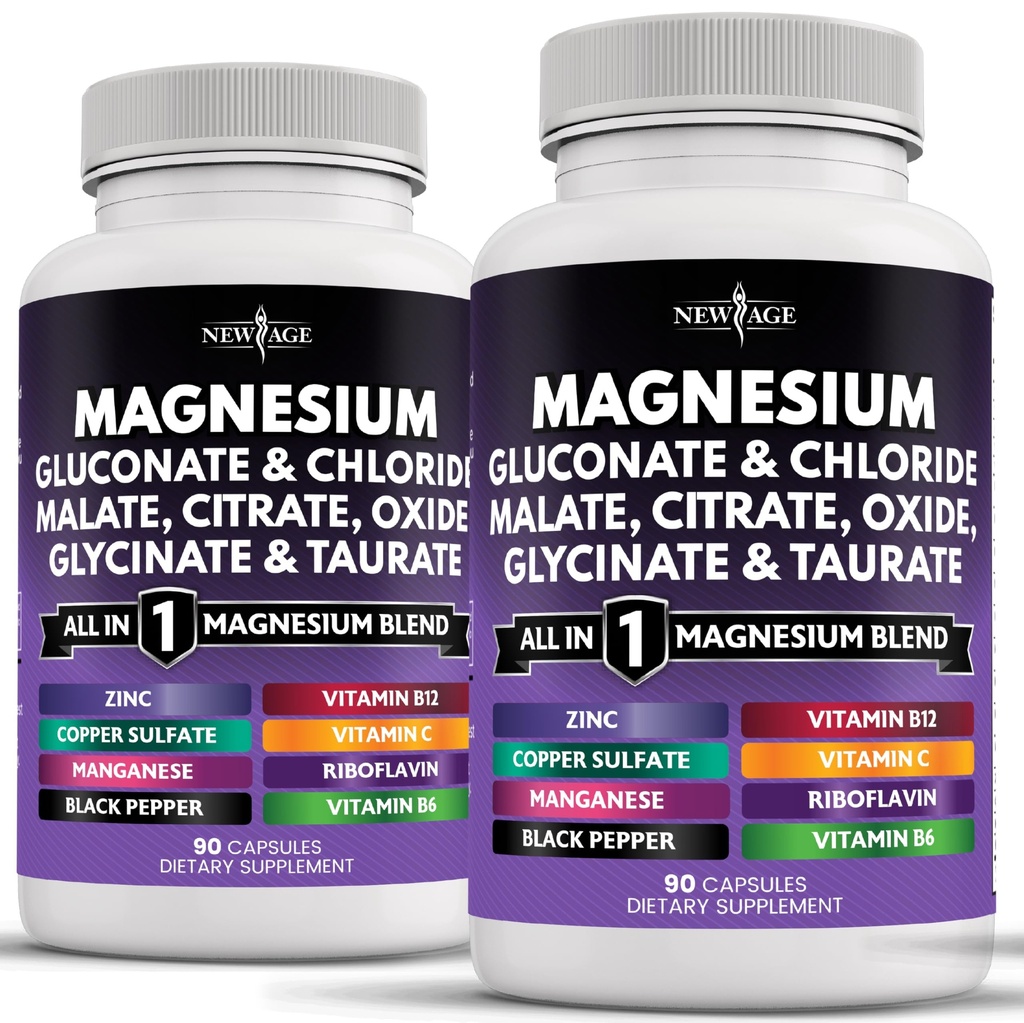 NUOVO AGE Magnesio Supplemento -Powerful Glycinate Citrato Malate Ossido Taurate Aspartate Gluconate Orotate & Mag Chloride Manganese Bone Salute e Bone Forza, Joint Support- 180 Count