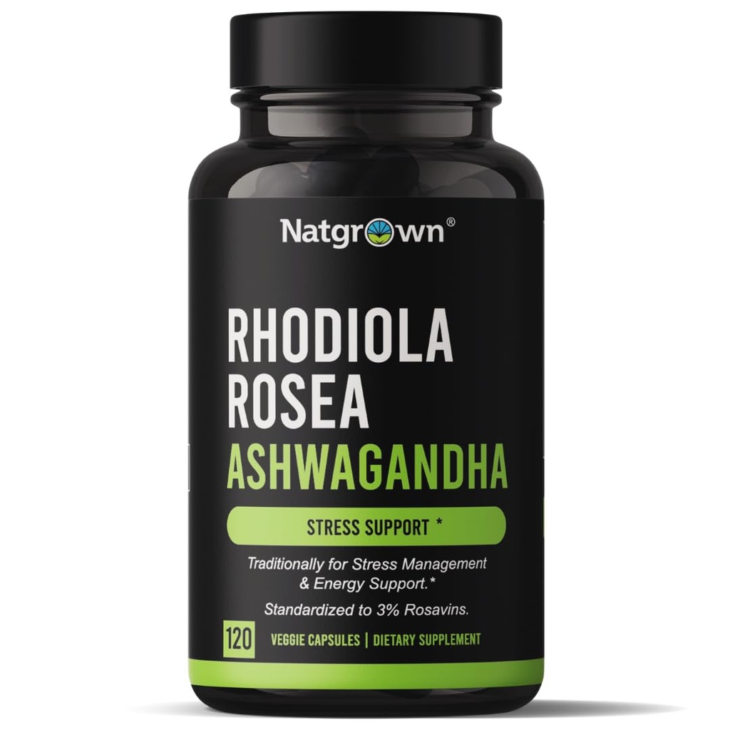 Natgrown Rhodiola Rosea con Ashwagandha Estratto di Radice Capsule - Standardizzato al 3% Rosavins e 1% Salidroside - 120 Conte