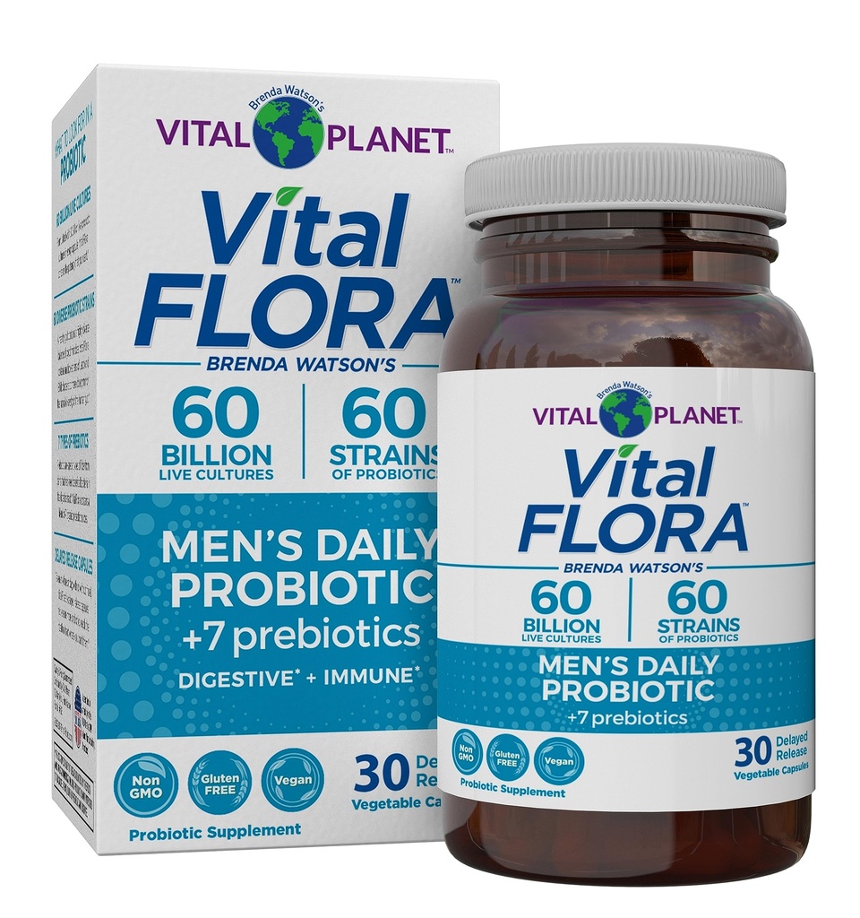 Vital Planet - Vital Flora Men’s Daily Probiotics, 60 miliardi di CFU, 60 Diverse Strains, 7 Prebiotici Organici, Supporto Immune, Rilievo Gas, Probiotici per la Salute Colon e Digestiva per gli Uomini 30 Capsule